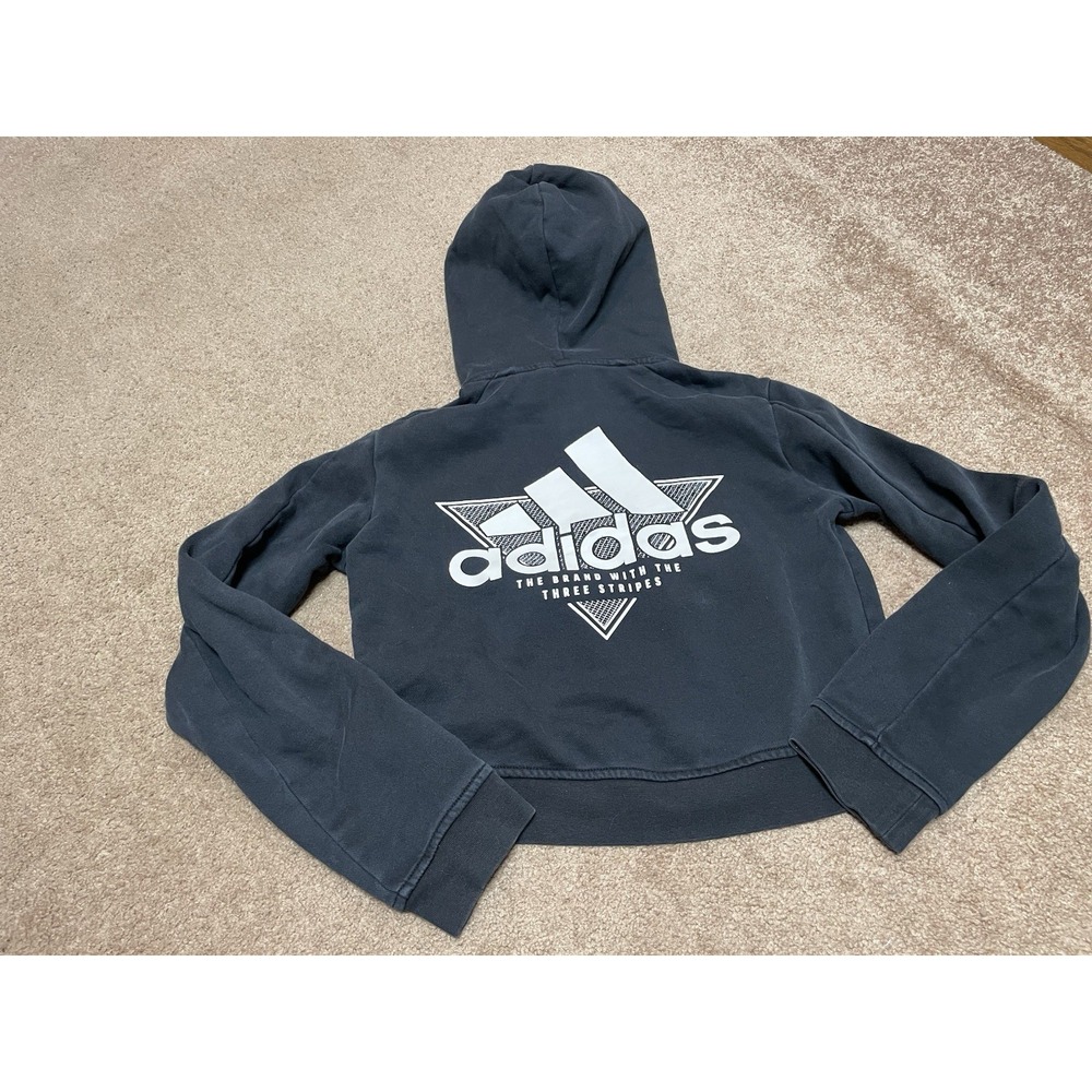 Adidas Women's Sweatshirt Hoodie Three Stripe Cropped Black Crop Top‎ 2xs - Picture 11 of 11